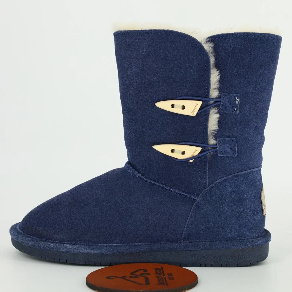 Bearpaw Women Navy Blue Suede Abigail Toggle Boots‎ Sheepskin Lining Size 7